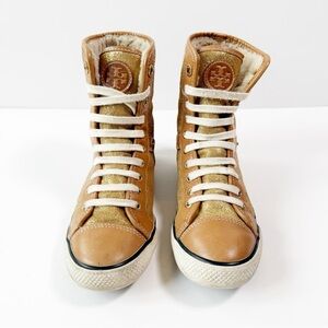 Tory Burch Gold and Tan High-Top Sneakers